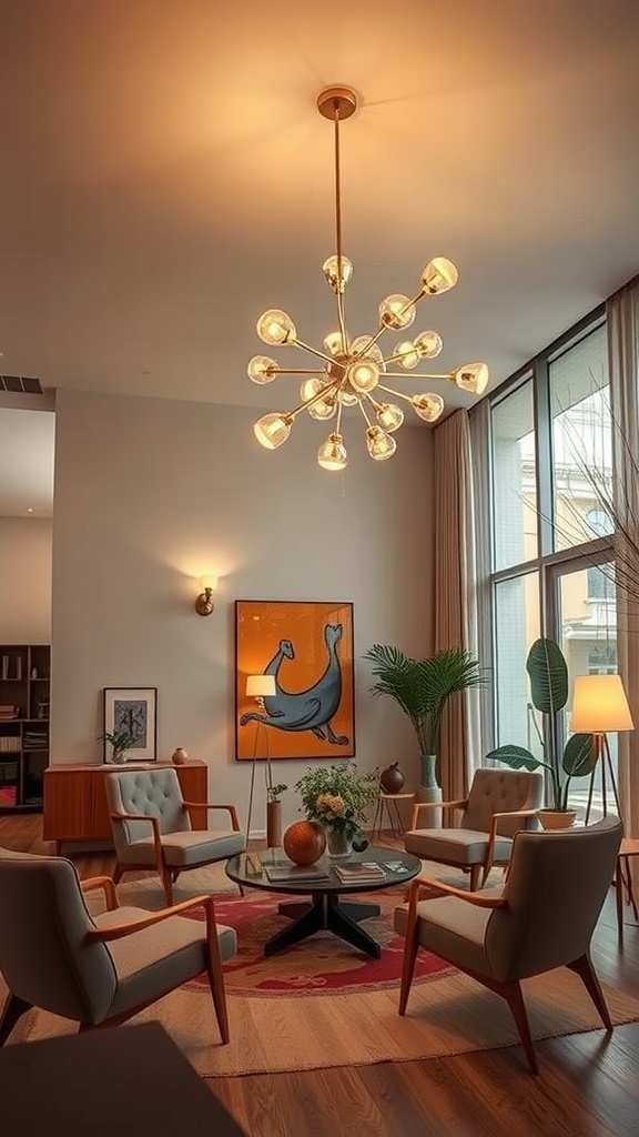 A modern living space featuring a striking chandelier, with cozy seating and vibrant artwork.