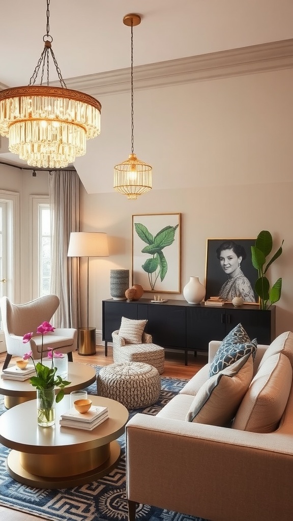 A stylish living room featuring statement lighting fixtures, modern furniture, and a cozy ambiance.