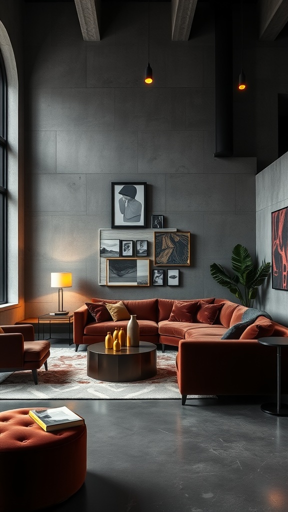 A stylish living room featuring concrete walls and velvet furniture, with unique lighting fixtures.