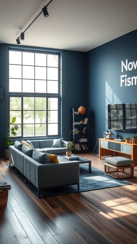 A modern living room featuring steel blue walls, a gray couch, and bright yellow accents.