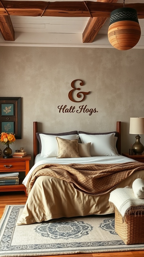 Cozy rustic bedroom featuring a stenciled accent wall with wooden decor.