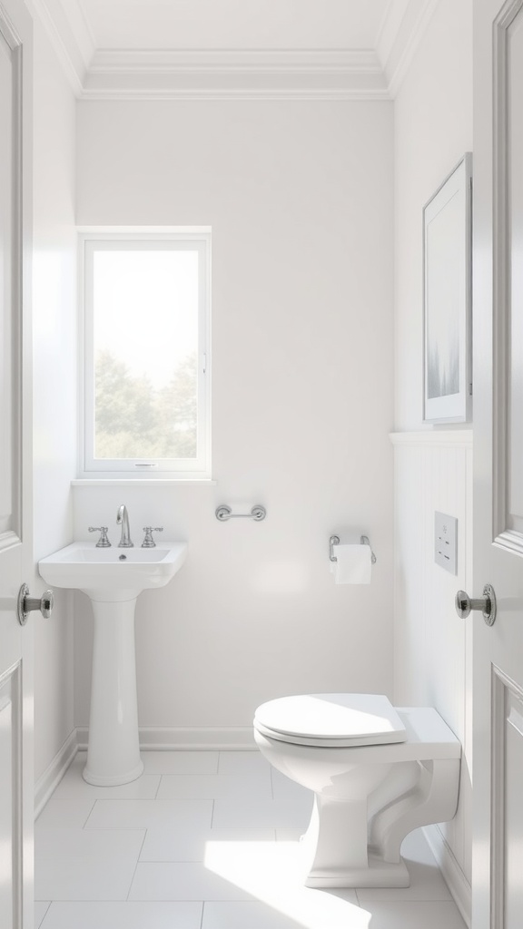 A small bathroom featuring crisp white walls, a pedestal sink, and a toilet, with natural light streaming through a window.