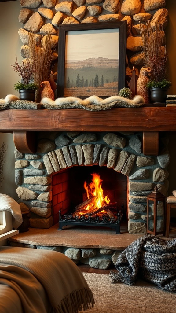 Cozy stone fireplace with a wooden mantel and decorative items, creating a warm atmosphere in a rustic bedroom.