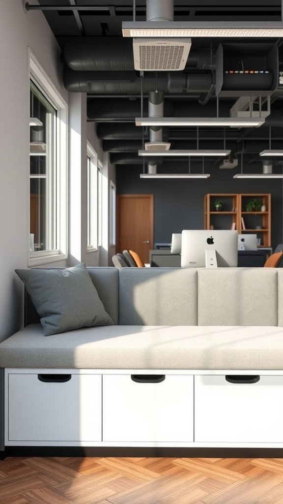 A modern storage bench with drawers in a collaborative office space