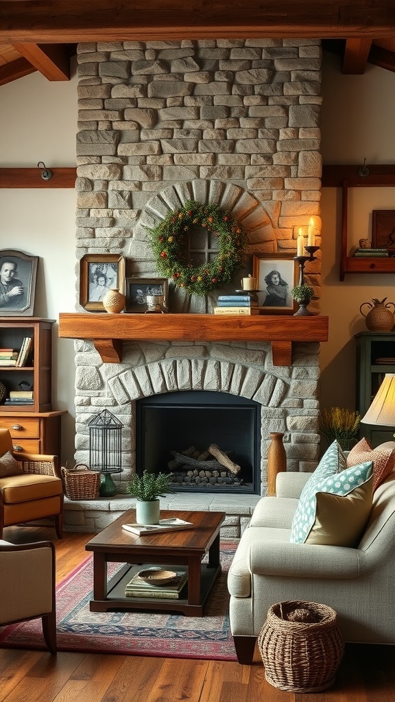 Cozy rustic farmhouse living room with stone fireplace and wooden accents