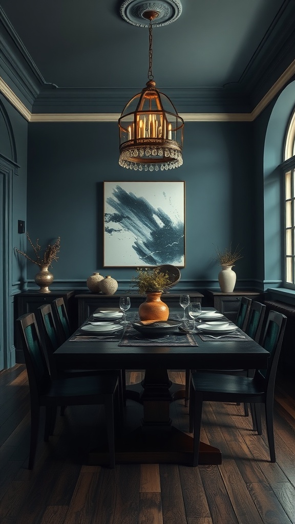 A dining room painted in Stormy Seas, featuring a wooden table, elegant chairs, and a stylish chandelier.
