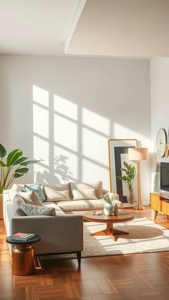 A cozy living room featuring Mid-Century Modern design elements with a comfortable sofa, stylish coffee table, and abundant natural light.