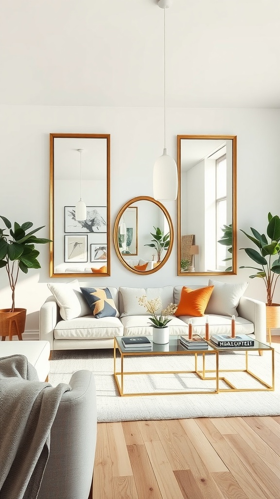 A modern living room featuring strategically placed mirrors, a light color palette, and natural elements, embodying Japandi design.