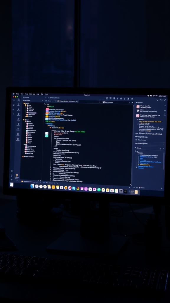 A dark-themed computer monitor displaying organized files and folders in a minimalist home office setup.