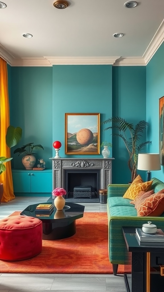 A vibrant living room featuring teal walls, orange rug, and a cozy sofa, blending Art Deco with contemporary style.