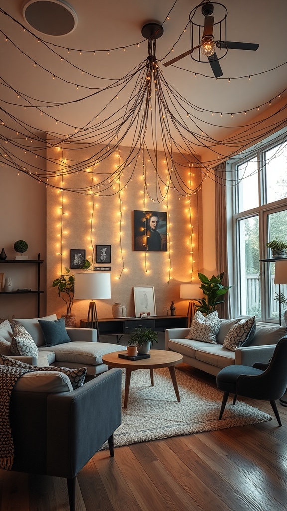 A cozy living room featuring string lights hanging from the ceiling, illuminating artwork and creating a warm ambiance.