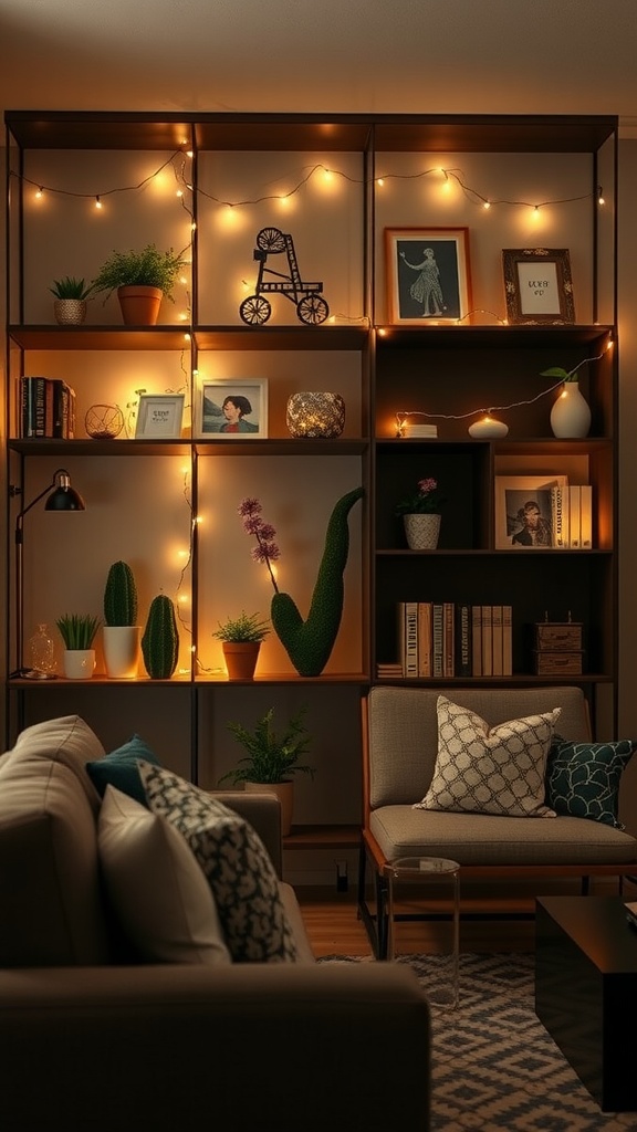 Living room with string lights draped along shelves, featuring plants and framed pictures.