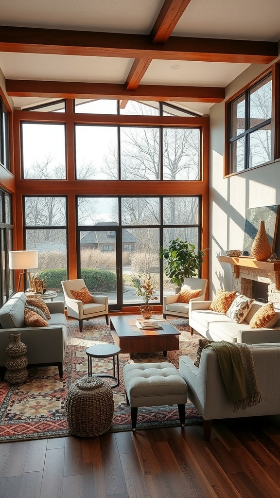 A bright and cozy living room dining room combo with large windows, wooden beams, and comfortable furniture.