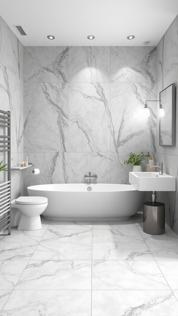 Gray and white marble flooring in a modern bathroom featuring a freestanding tub, sleek sink, and contemporary decor.