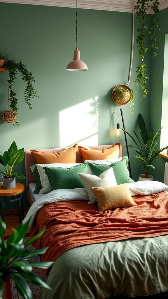 A cozy bedroom featuring soft green walls, terracotta bedding, and various pillows in green and orange hues, surrounded by houseplants.