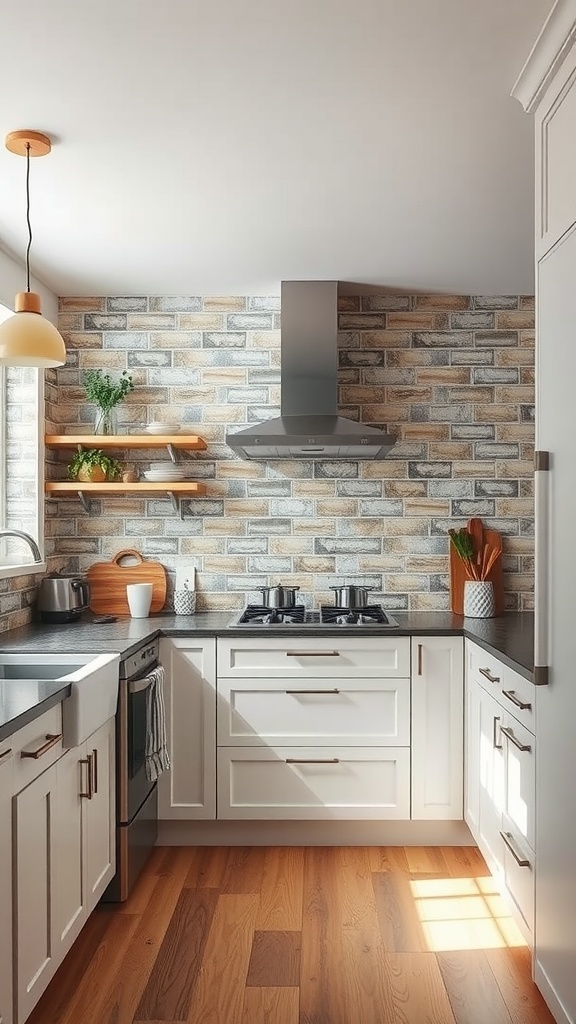 Stylish U-shaped kitchen featuring a brick backsplash and modern appliances.