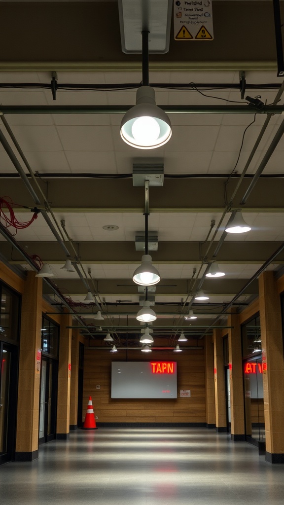 Low ceiling lighting with battery-powered fixtures in a hallway.