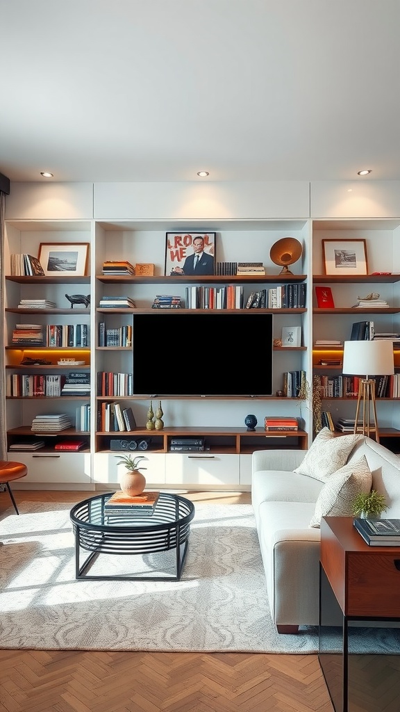 A stylish living room featuring a modern bookshelf filled with books and decorative items, centered around a cozy seating area.