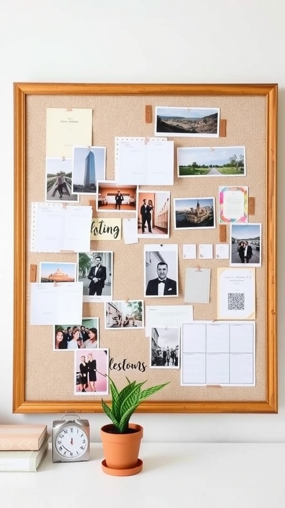 A stylish bulletin board filled with photos and notes above a modern desk with a laptop and plants
