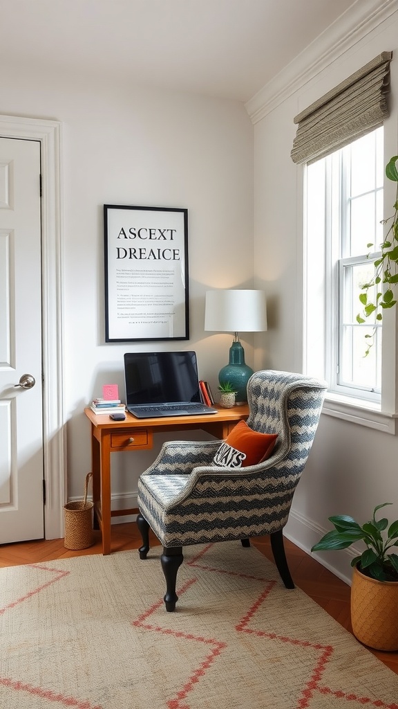 Cozy armchair with patterned upholstery in a home office space