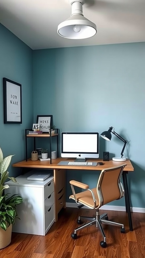 A stylish corner desk arrangement in a feminine home office with a blue wall, wooden desk, and modern chair.