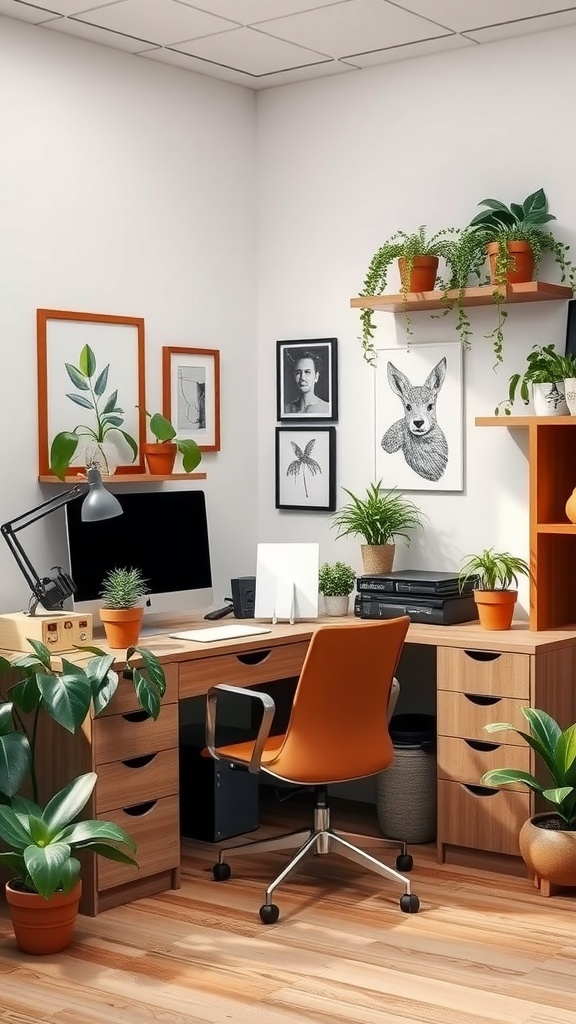 Stylish corner desk with plants, artwork, and warm wood tones.