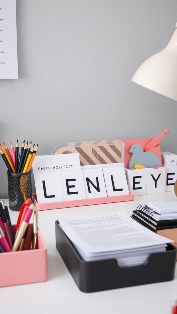 A stylish desk with organized accessories, including colorful containers for pens, a black tray for documents, and decorative items.