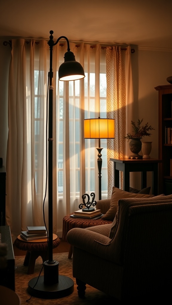 Stylish floor lamps in a cozy living room setting, showcasing warm light and an elegant aesthetic.