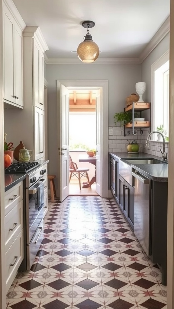 A small kitchen with patterned flooring, white cabinets, and modern appliances.