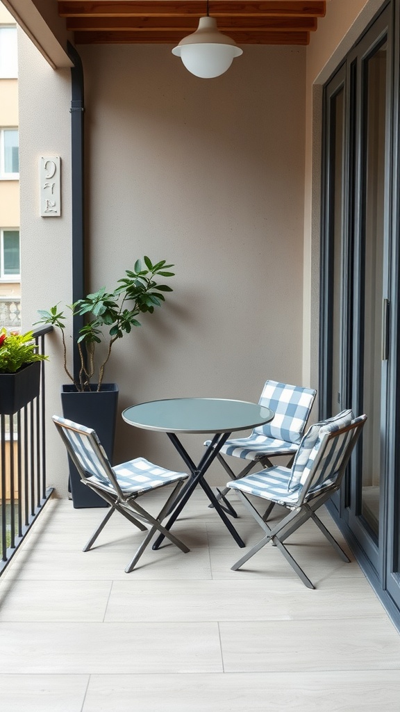 Small balcony with folding furniture, featuring a round table and two checkered chairs.