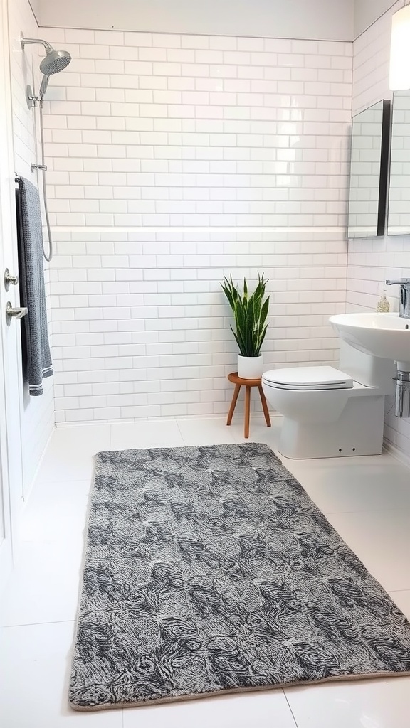 Stylish gray bathroom rug on white tiled floor in a modern bathroom