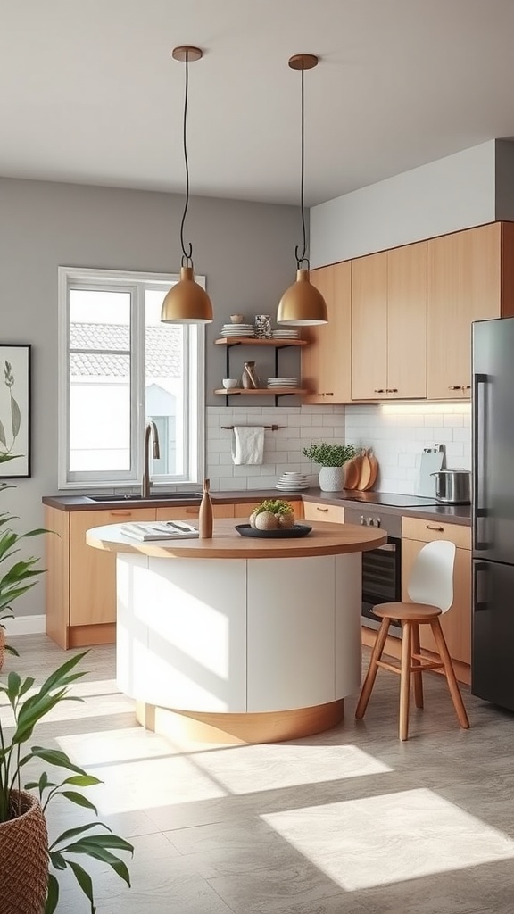 A modern kitchen featuring a stylish half-moon island with warm wood tones and white cabinetry.