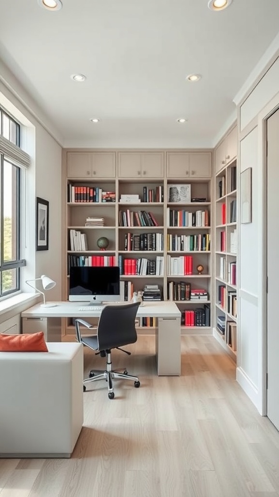 A modern home office featuring a stylish library integration with a desk, bookshelves, and a cozy seating area.