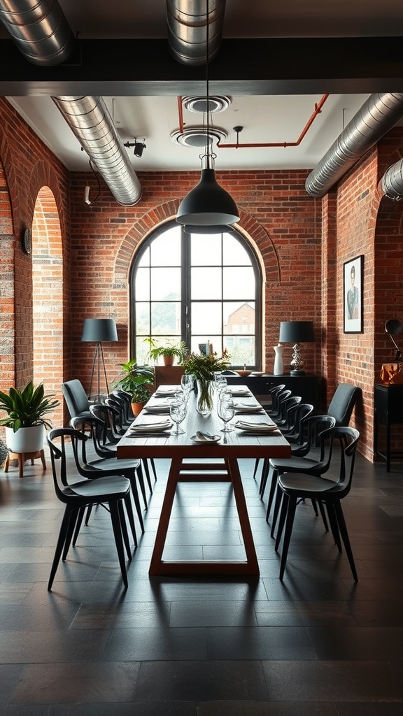 Industrial-style dining room with exposed brick walls, long wooden table, and black chairs