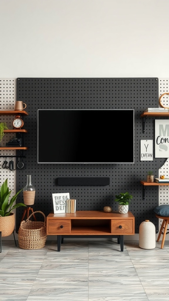 A stylish pegboard arrangement showcasing a TV on a black wall with wooden shelves and decorative items.