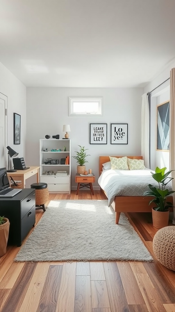 A cozy home office guest room featuring a light rug over wooden flooring, a bed, and a workspace.