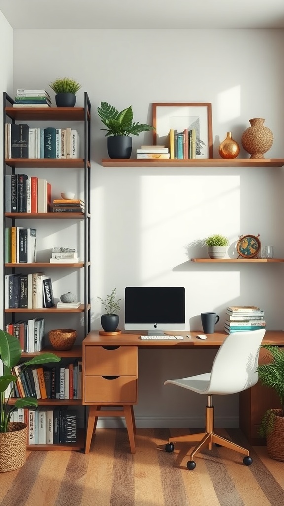 A cozy home office featuring stylish black shelving units, a wooden desk, and various decorative items.
