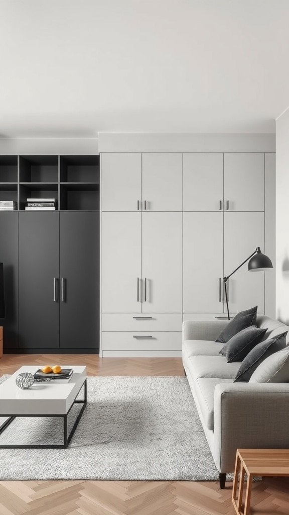 Stylish living room featuring modern storage solutions in black and white with a cozy sofa and coffee table.