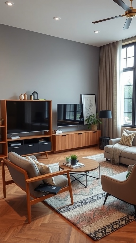 A cozy living room featuring a wooden shelving unit, a circular coffee table, a beige sofa, and a ceiling fan.