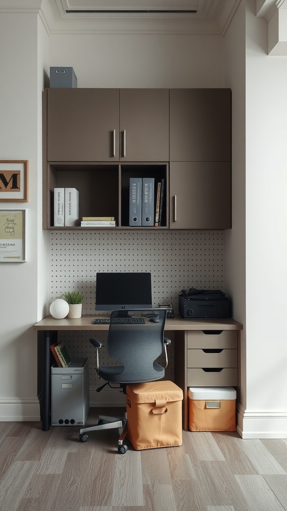 A small office with a neatly organized desk, featuring upper cabinets, a computer, storage bins, and a pegboard.