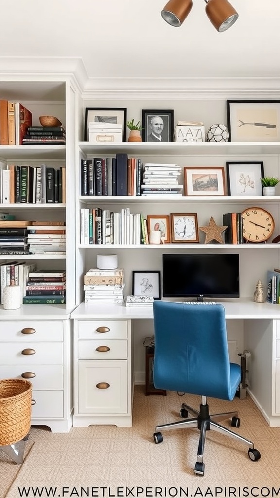 A cozy home office space with stylish storage solutions, featuring built-in shelves, a desk, and decorative items.
