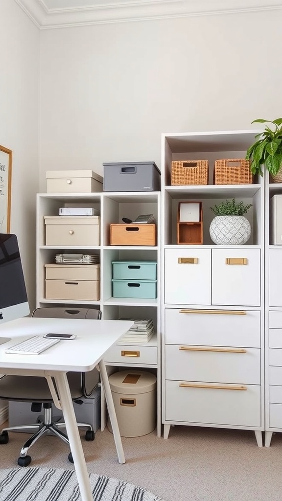 An organized office space featuring Ikea storage solutions with shelves and boxes.