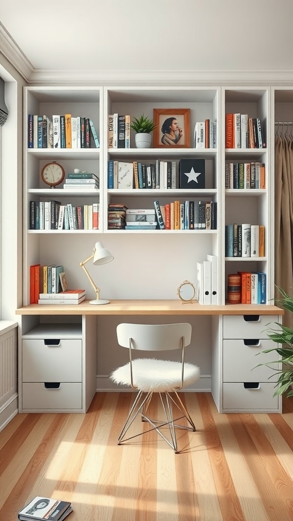 A stylish home office with built-in shelving, featuring books, a desk, and a cozy chair.