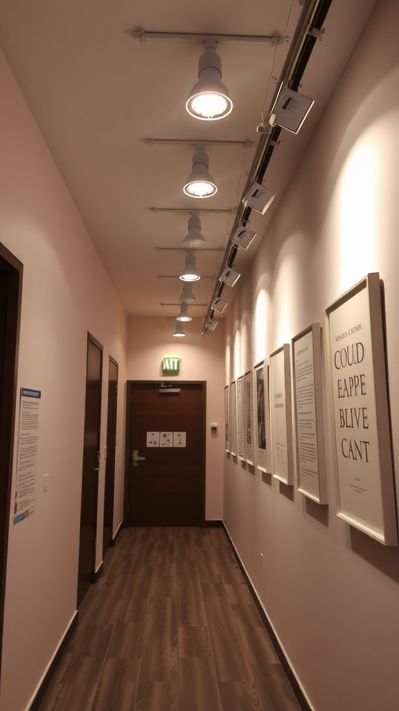 A hallway featuring stylish track lighting on the ceiling with pink walls and framed artwork