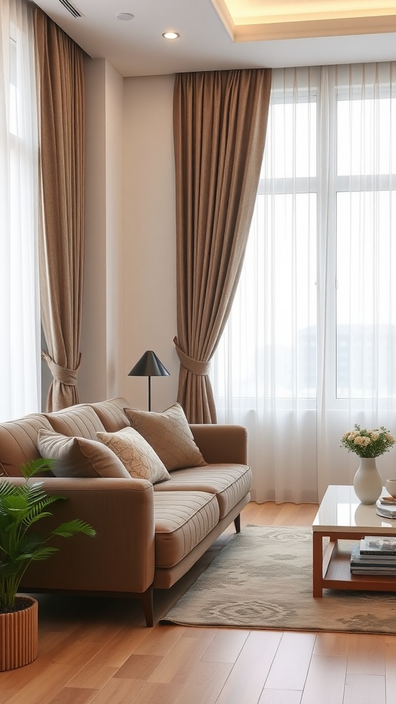 A stylish living room featuring elegant drapes and a cozy sofa.