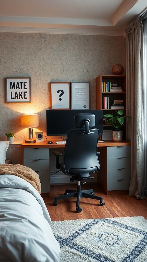 A stylish workspace corner in a modern bedroom featuring a desk, ergonomic chair, framed artwork, and warm lighting.