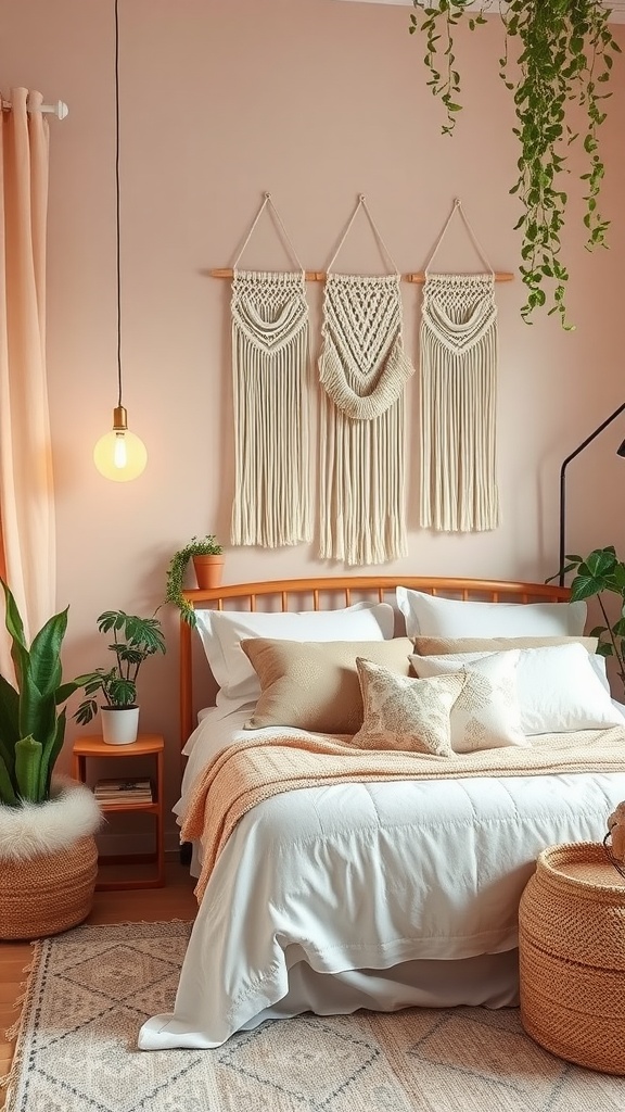 A cozy boho style bedroom featuring blush walls, a macramé wall hanging, and soft bedding.