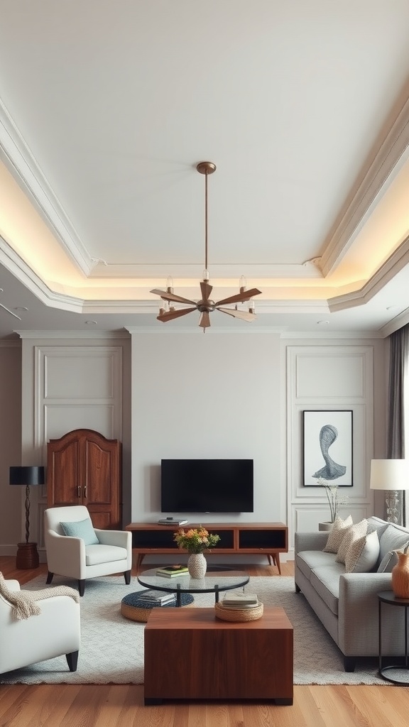 A living room featuring a modern ceiling design with warm lighting, elegant furniture, and a cozy atmosphere.