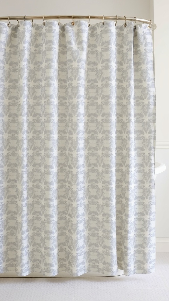 Gray patterned shower curtain in a bathroom