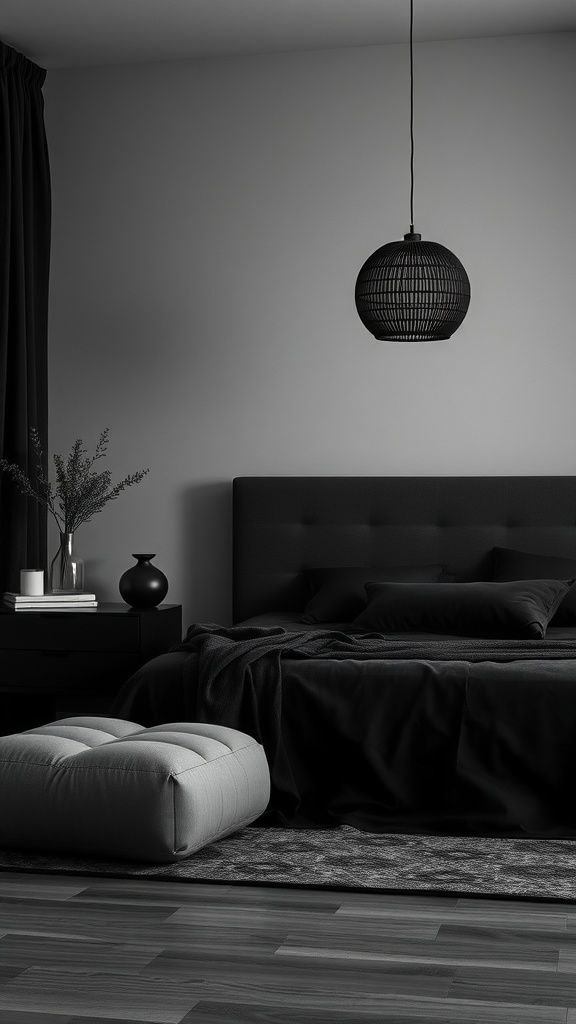 A dark and moody bedroom featuring black bedding, a light fixture, and a plush pouf.